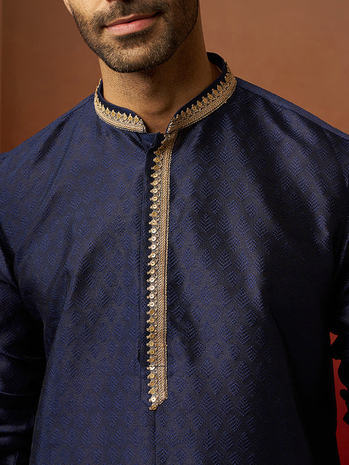 Vastramay Men Navy Blue Silk Anmol Jacquard Kurta